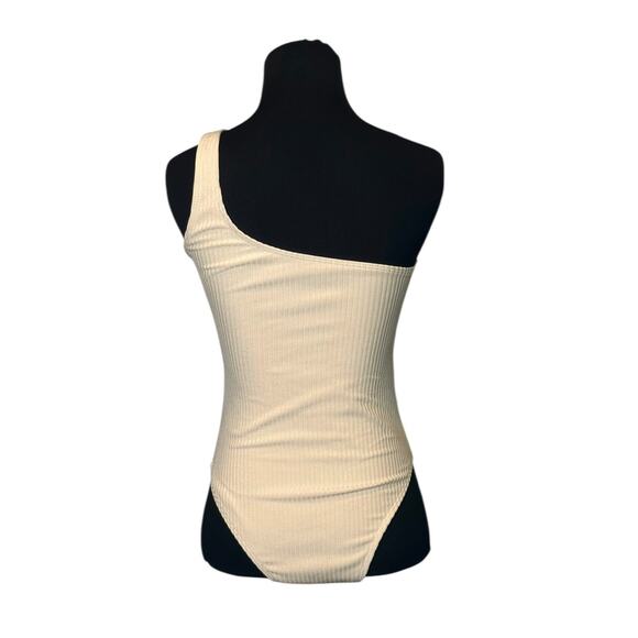 Beige ribbed one shoulder front belted one piece swimsuit size Small - Picture 9 of 14